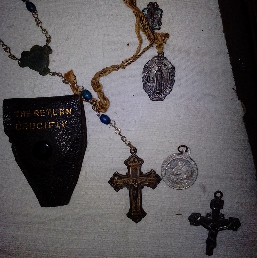 Antique rosemary,saint charm,and cross charm.